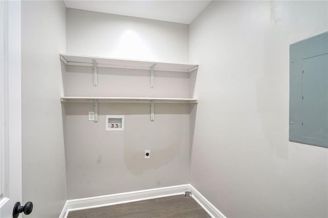 laundry area with washer hookup, electric panel, electric dryer hookup, and dark wood-type flooring