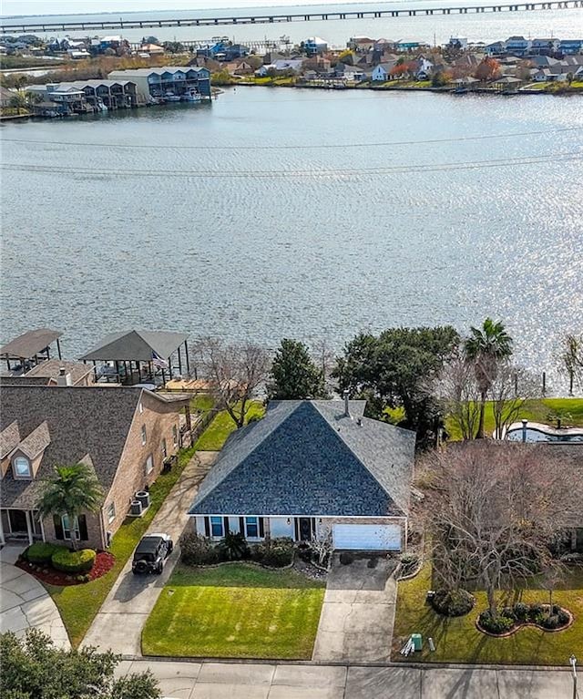 aerial view featuring a water view