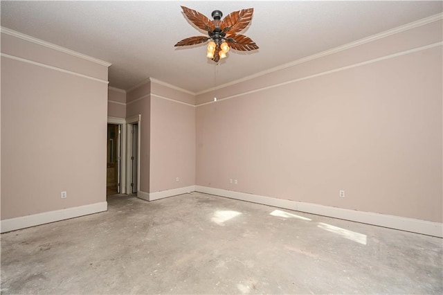 unfurnished room with ceiling fan, ornamental molding, and concrete flooring