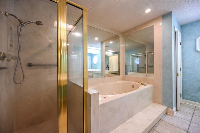 bathroom featuring a textured ceiling, separate shower and tub, and tile patterned floors