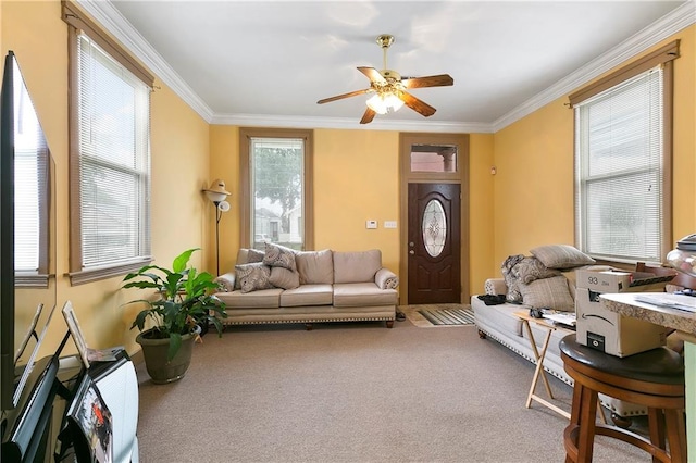 living room with plenty of natural light and crown molding