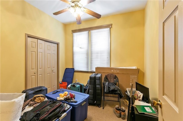 interior space featuring carpet flooring and ceiling fan