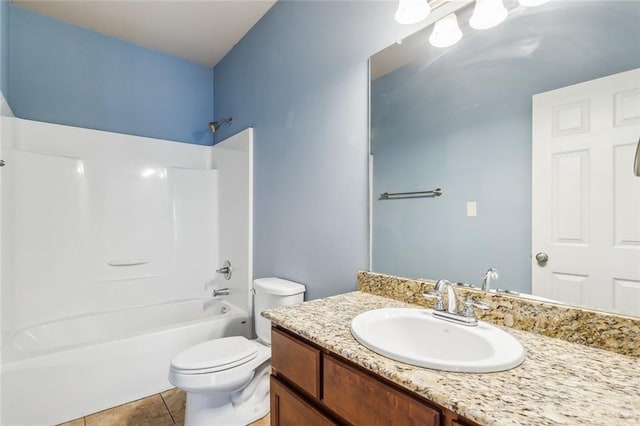 full bathroom with vanity, toilet, shower / tub combination, and tile patterned flooring