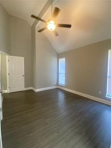 spare room featuring lofted ceiling, dark hardwood / wood-style floors, and ceiling fan