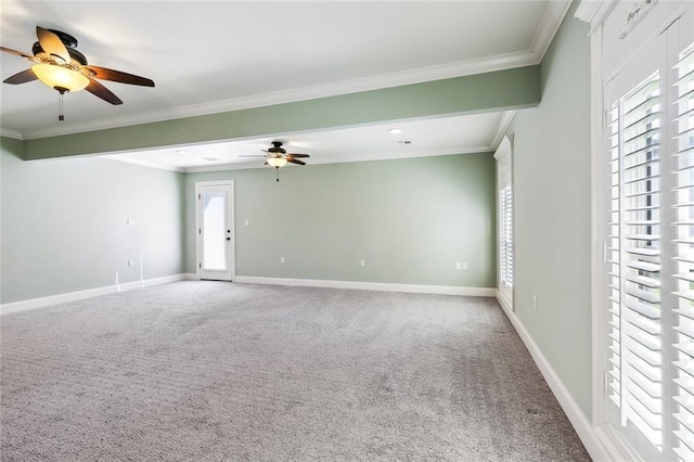 unfurnished room featuring ceiling fan, ornamental molding, and carpet floors