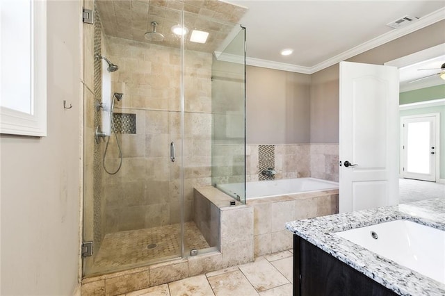 bathroom featuring shower with separate bathtub, ornamental molding, vanity, ceiling fan, and tile patterned flooring