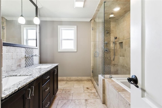 bathroom with independent shower and bath, ornamental molding, tasteful backsplash, and vanity