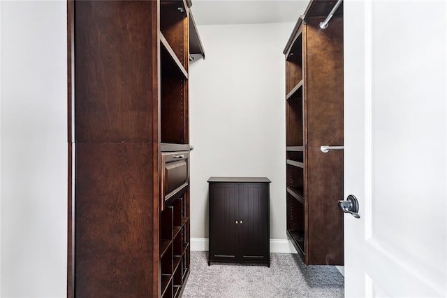 spacious closet featuring light colored carpet