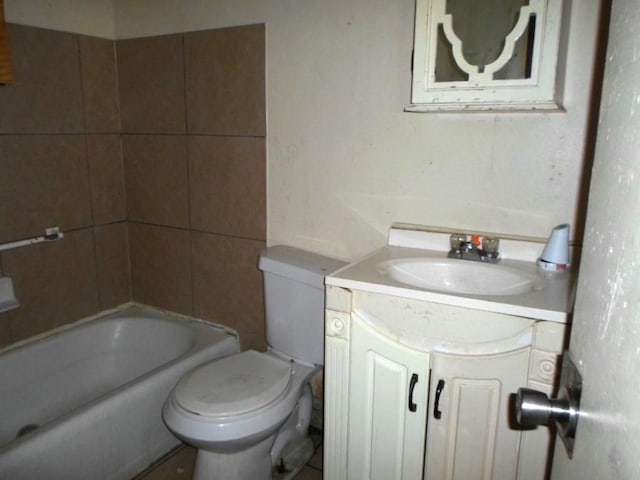 full bathroom featuring separate shower and tub, vanity, and toilet