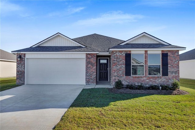 ranch-style home with a garage and a front lawn