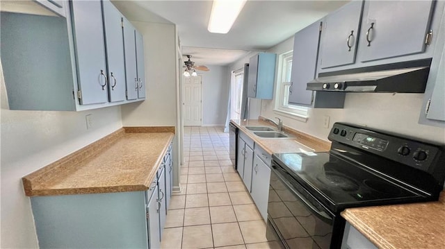 kitchen with sink, light tile patterned floors, ceiling fan, black / electric stove, and stainless steel dishwasher