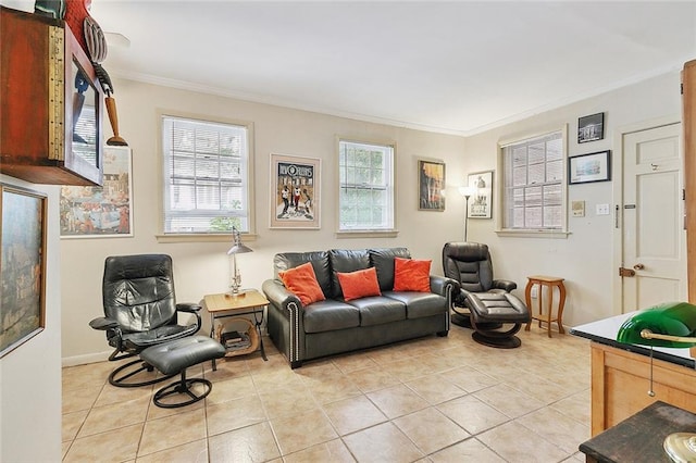 tiled living room featuring crown molding