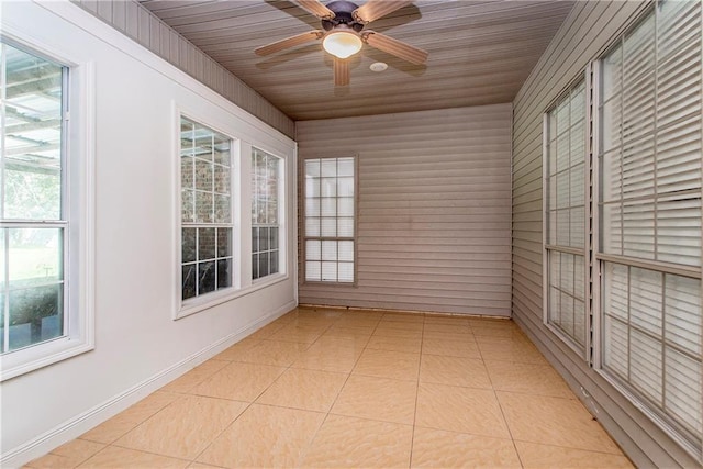 unfurnished sunroom with wood ceiling and ceiling fan