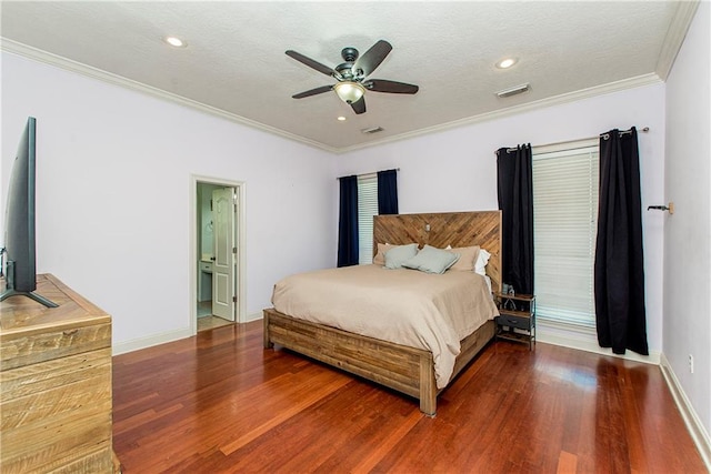 bedroom with ornamental molding, dark hardwood / wood-style flooring, a textured ceiling, and ceiling fan