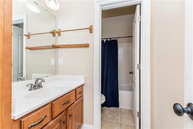 full bathroom featuring shower / tub combo with curtain, tile patterned floors, vanity, and toilet