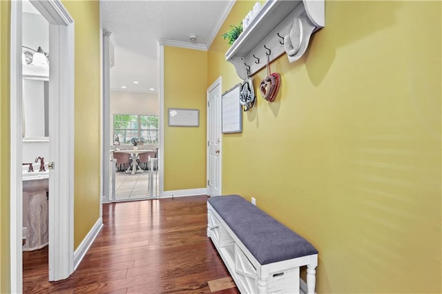 hallway with crown molding and dark hardwood / wood-style flooring