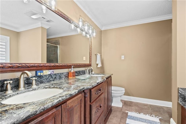 bathroom with toilet, crown molding, an enclosed shower, tile patterned floors, and vanity