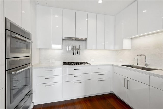 kitchen featuring white cabinetry, sink, stainless steel appliances, tasteful backsplash, and dark hardwood / wood-style flooring