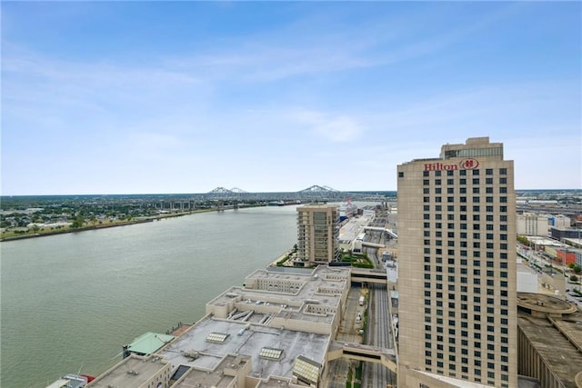 birds eye view of property featuring a water view