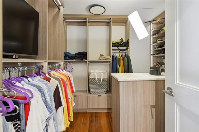 spacious closet with dark hardwood / wood-style flooring