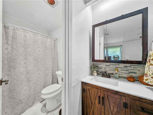 bathroom featuring tile patterned flooring, toilet, tasteful backsplash, ornamental molding, and vanity