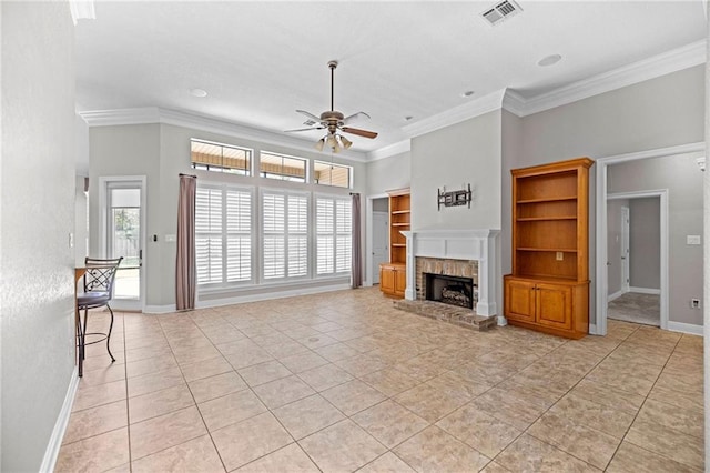 unfurnished living room featuring ceiling fan, light tile patterned floors, a brick fireplace, and ornamental molding