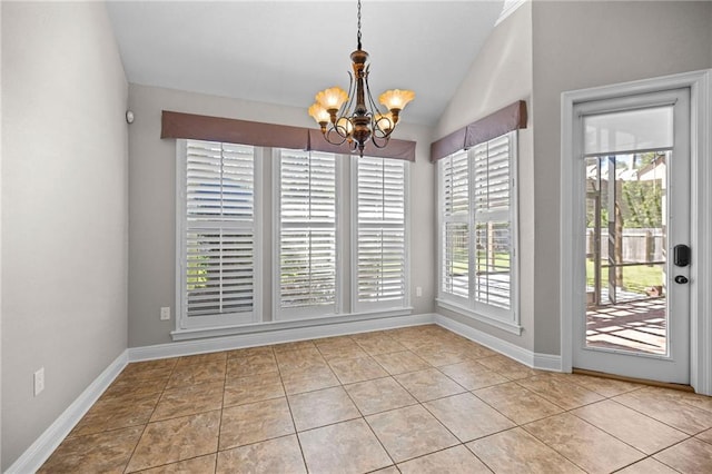 unfurnished dining area featuring lofted ceiling, a chandelier, and light tile patterned floors