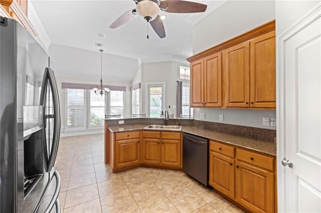 kitchen with stainless steel fridge, black dishwasher, sink, kitchen peninsula, and light tile patterned floors