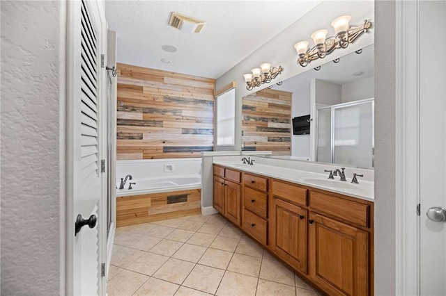 bathroom with wooden walls, shower with separate bathtub, tile patterned floors, and vanity