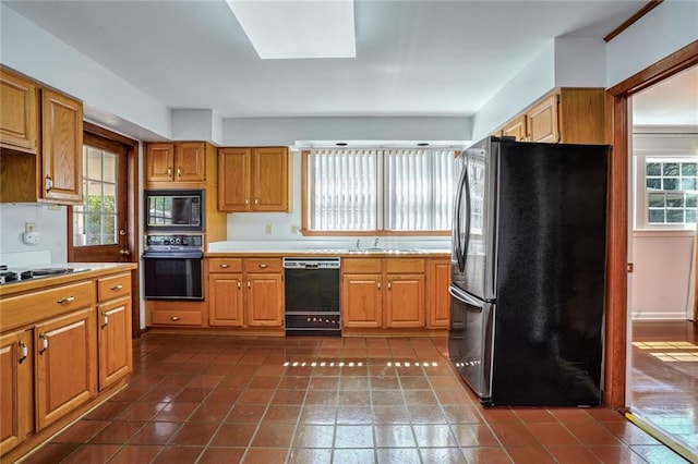 kitchen featuring a skylight and black appliances