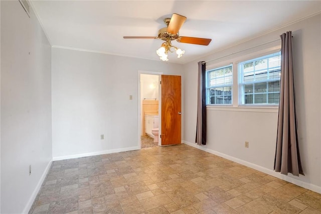 empty room with crown molding and ceiling fan