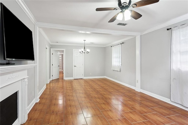 unfurnished living room with ceiling fan with notable chandelier, light hardwood / wood-style floors, and crown molding