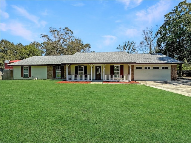 ranch-style home with a front yard, a garage, and a porch