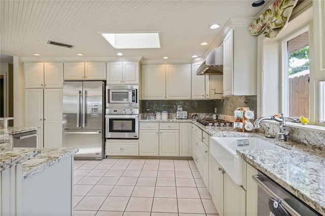 kitchen featuring extractor fan, a skylight, white cabinetry, and stainless steel appliances