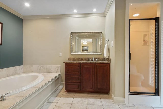 bathroom with vanity, shower with separate bathtub, tile patterned flooring, and crown molding