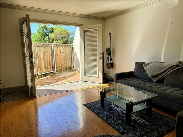 living room featuring hardwood / wood-style floors and crown molding