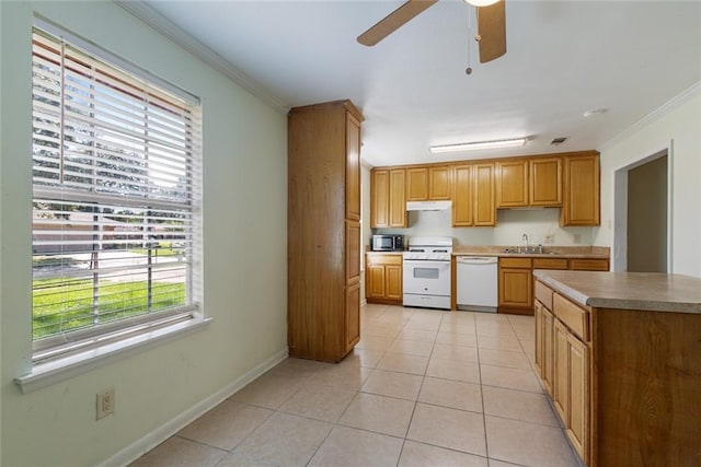 kitchen featuring ornamental molding, white appliances, sink, and light tile patterned floors