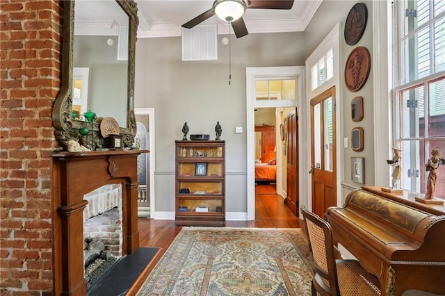 miscellaneous room featuring dark hardwood / wood-style floors, crown molding, and a healthy amount of sunlight