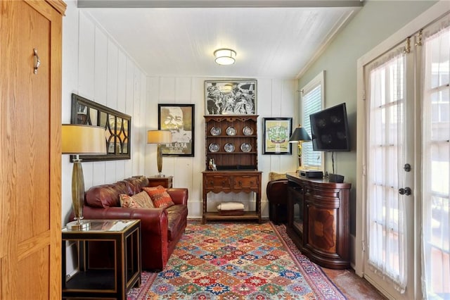 living room featuring wooden walls