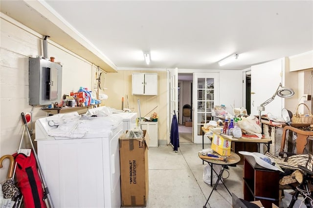 interior space with electric panel and washer / dryer