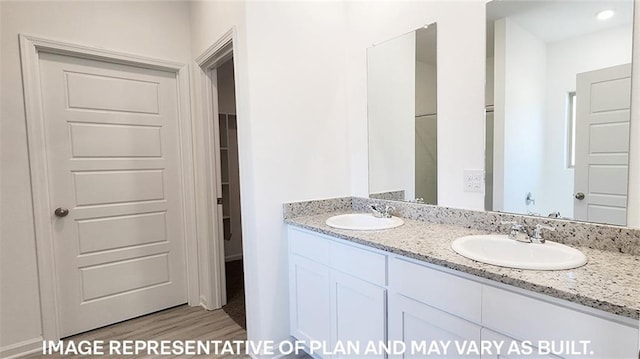 bathroom with hardwood / wood-style floors and vanity