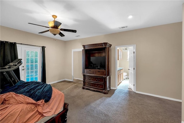 bedroom featuring carpet flooring, connected bathroom, and ceiling fan