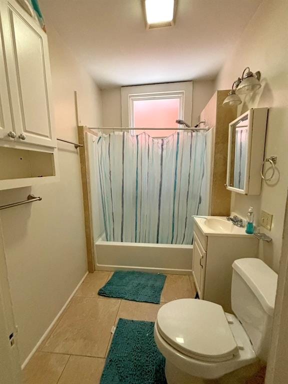 full bathroom with toilet, vanity, shower / bath combination with curtain, and tile patterned floors