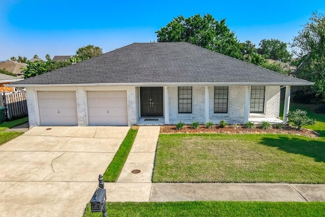 ranch-style house featuring a garage and a front yard