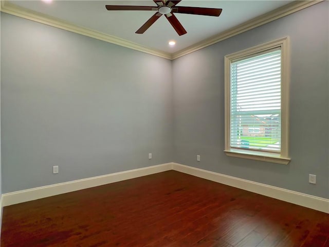 unfurnished room with ornamental molding, wood-type flooring, and ceiling fan