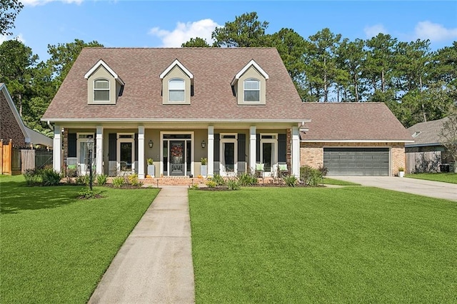 cape cod-style house featuring a front lawn, driveway, covered porch, fence, and a shingled roof