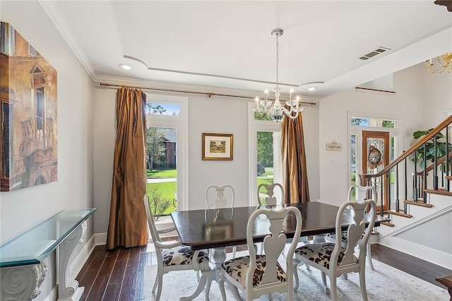 dining space featuring stairway, visible vents, dark wood-style flooring, baseboards, and a notable chandelier