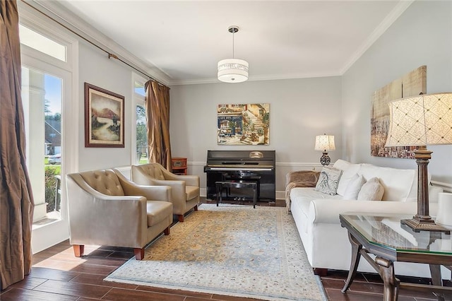 living room with crown molding and dark hardwood / wood-style flooring