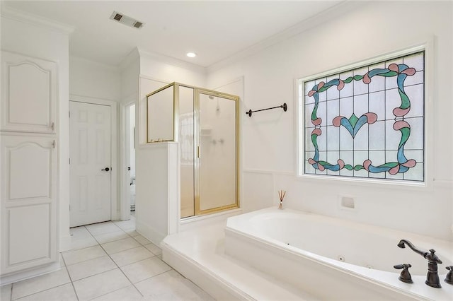 bathroom with crown molding, shower with separate bathtub, and tile patterned floors