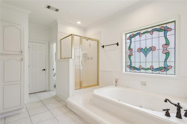 bathroom with visible vents, a jetted tub, a shower stall, and crown molding